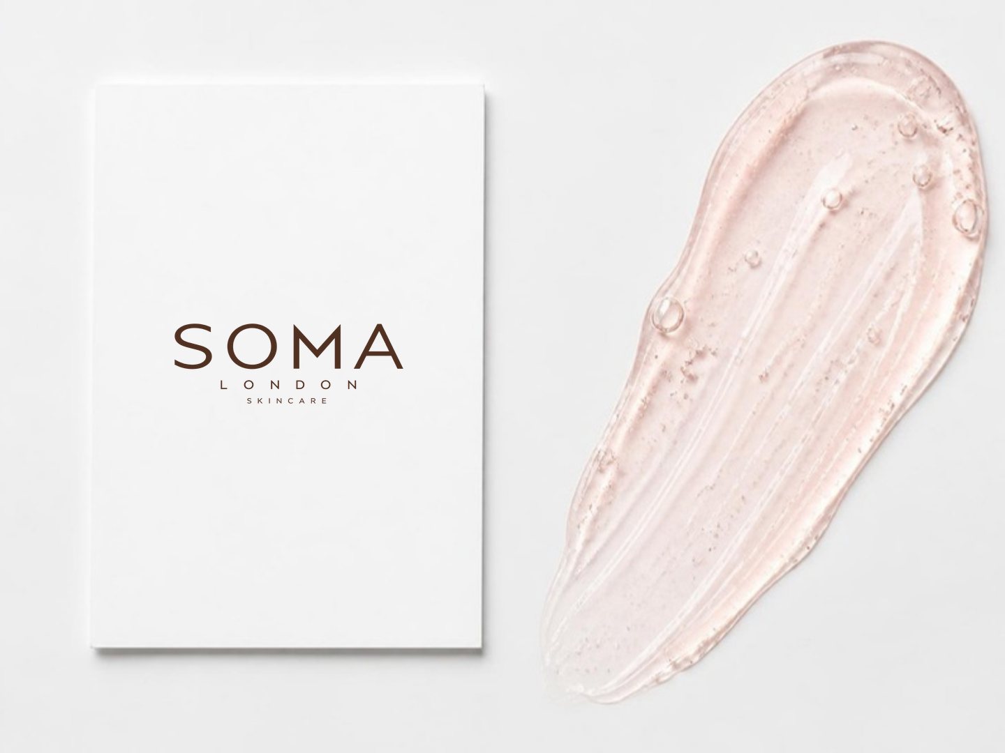 Pink serum gel texture beside a SOMA London card